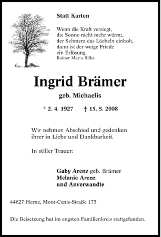  Traueranzeige für Ingrid Brämer vom 20.05.2008 aus Tageszeitung
