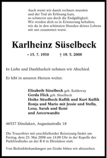 Traueranzeige von Karlheinz Süselbeck von Tageszeitung