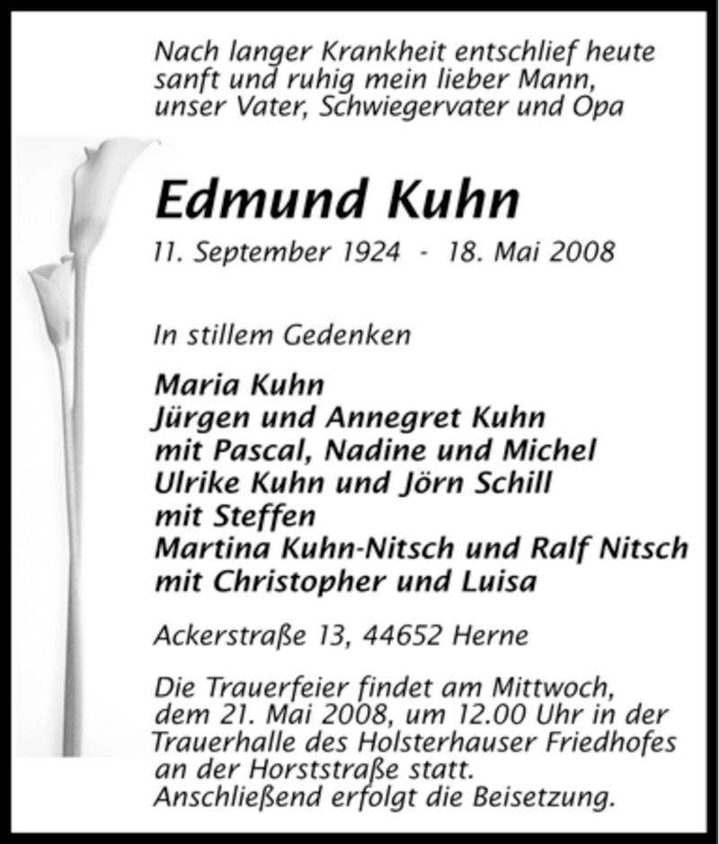  Traueranzeige für Edmund Kuhn vom 20.05.2008 aus Tageszeitung