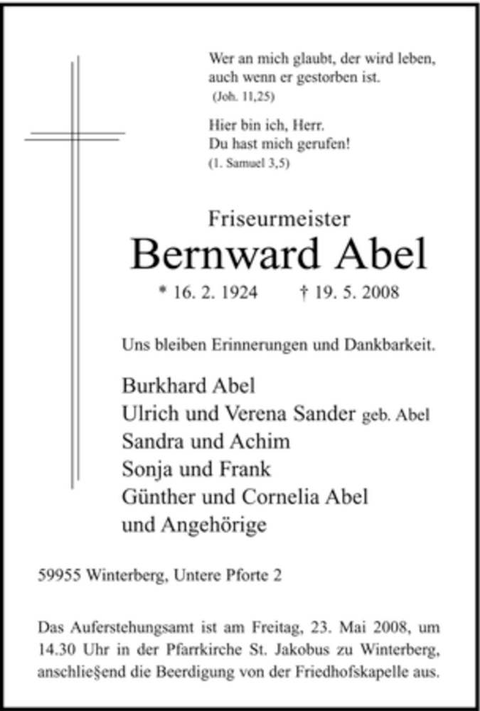  Traueranzeige für Bernward Abel vom 20.05.2008 aus Tageszeitung