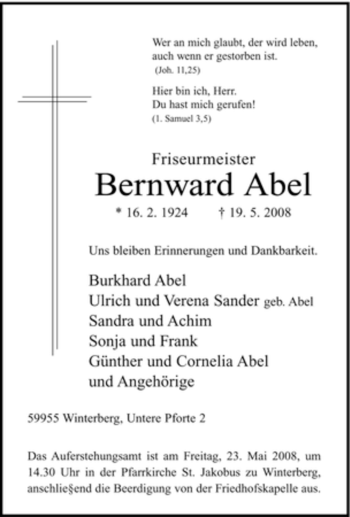 Traueranzeige von Bernward Abel von Tageszeitung