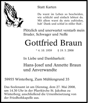 Traueranzeige von Gottfried Braun von Tageszeitung