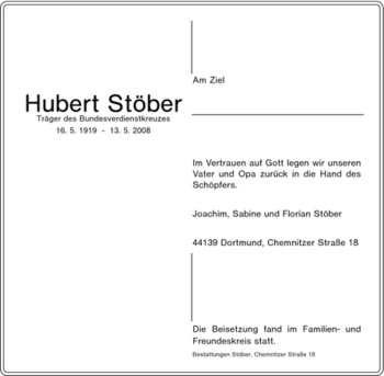 Traueranzeige von Hubert Stöber von Tageszeitung