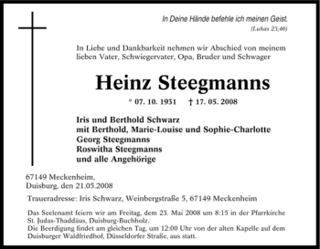 Traueranzeige von Heinz Steegmanns von Tageszeitung