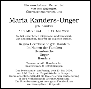 Traueranzeige von Maria Kanders-Unger von Tageszeitung