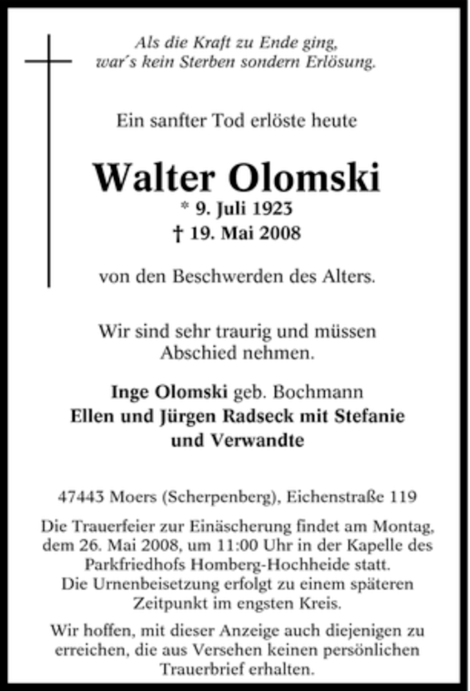  Traueranzeige für Walter Olomski vom 21.05.2008 aus Tageszeitung