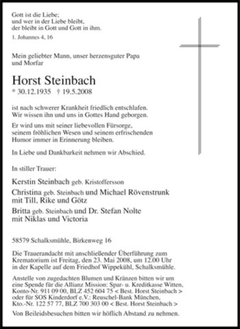 Traueranzeige von Horst Steinbach von Tageszeitung