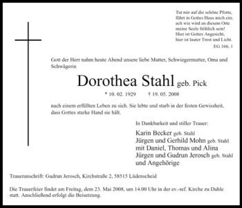 Traueranzeige von Dorothea Stahl von Tageszeitung