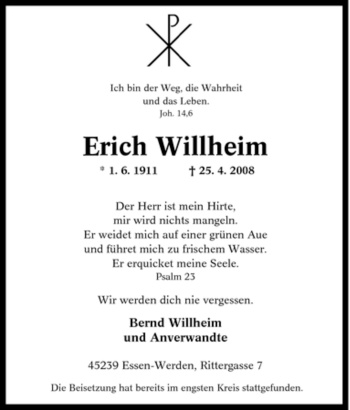 Traueranzeige von Erich Willheim von Tageszeitung
