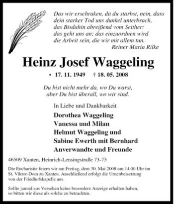 Traueranzeige von Heinz Josef Waggeling von Tageszeitung