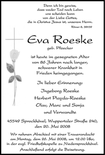 Traueranzeige von Eva Roeske von Tageszeitung