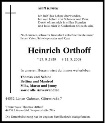 Traueranzeige von Heinrich Orthoff von Tageszeitung