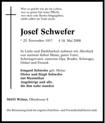 Traueranzeige von Josef Schwefer von Tageszeitung
