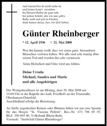 Traueranzeige von Günter Rheinberger von Tageszeitung