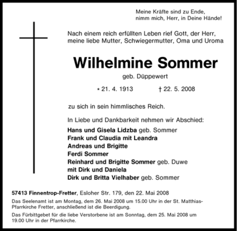  Traueranzeige für Wilhelmine Sommer vom 24.05.2008 aus Tageszeitung