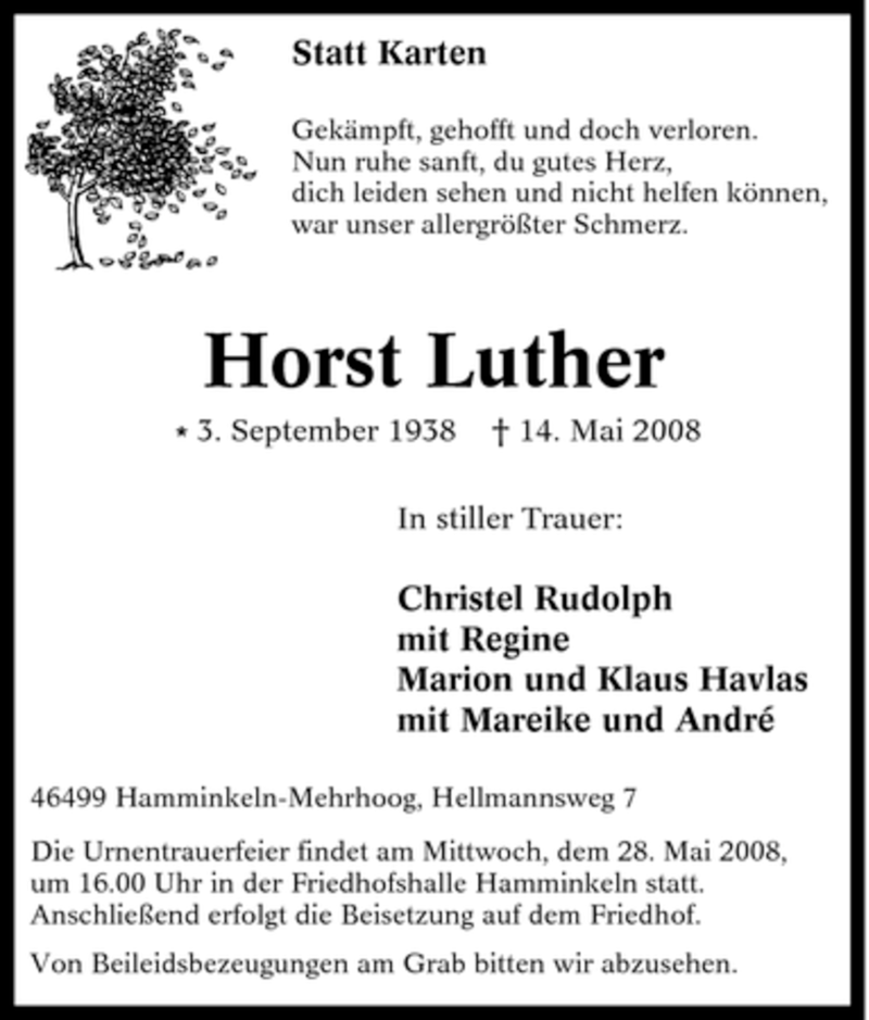  Traueranzeige für Horst Luther vom 24.05.2008 aus Tageszeitung
