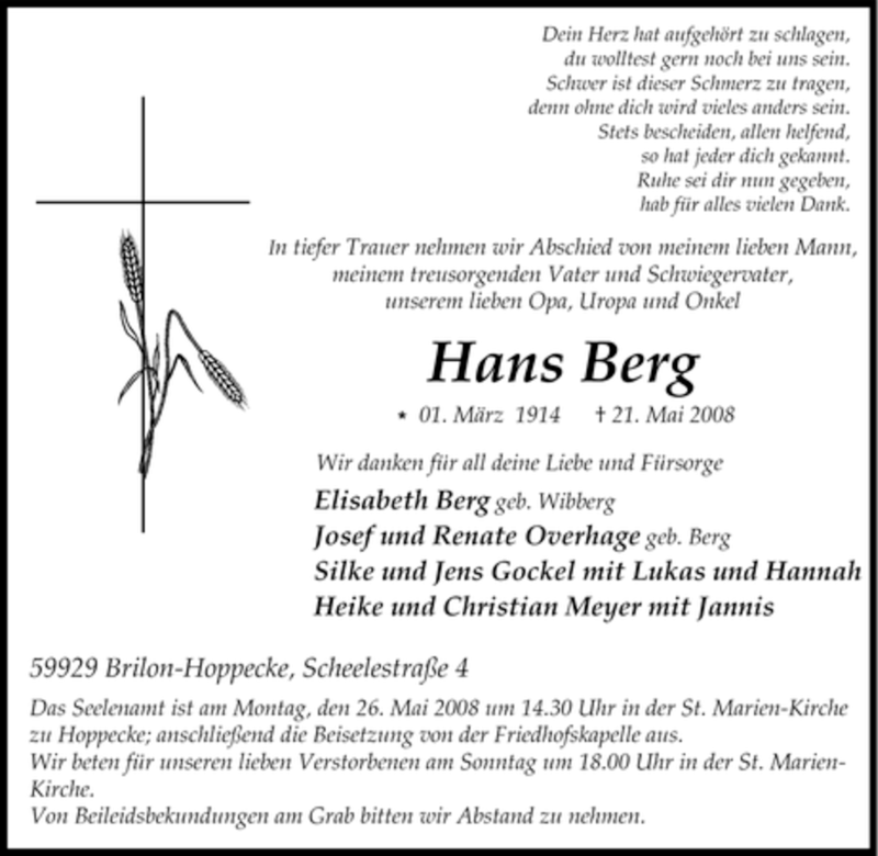  Traueranzeige für Hans Berg vom 24.05.2008 aus Tageszeitung