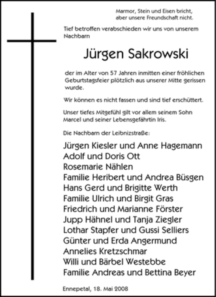  Traueranzeige für Jürgen Sakrowski vom 24.05.2008 aus Tageszeitung