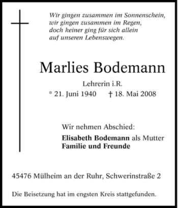 Traueranzeige von Marlies Bodemann von Tageszeitung