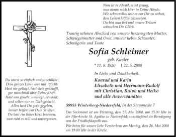 Traueranzeige von Sofia Schleimer von Tageszeitung