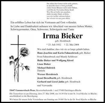 Traueranzeige von Irma Bieker von Tageszeitung