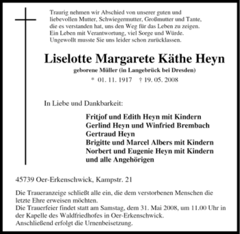 Traueranzeige von Liselotte Margarete Käthe Heyn von Tageszeitung