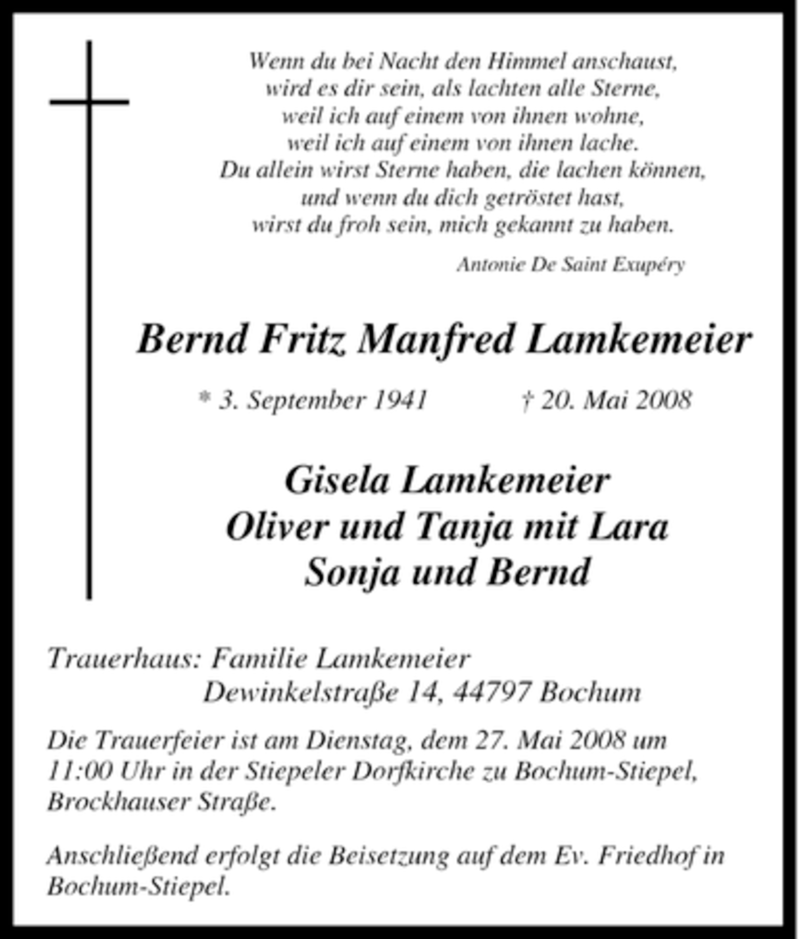  Traueranzeige für Bernd Fritz Manfred Lamkemeier vom 24.05.2008 aus Tageszeitung
