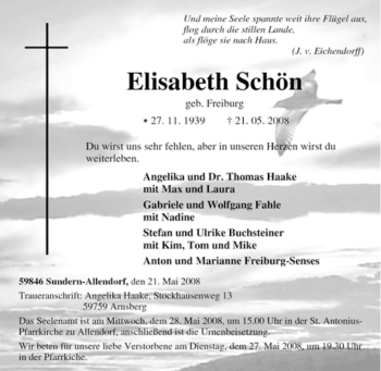 Traueranzeige von Elisabeth Schön von Tageszeitung