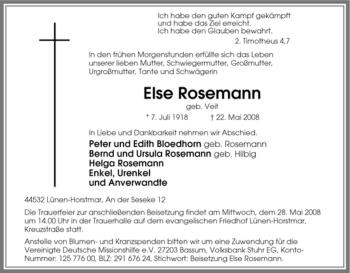 Traueranzeige von Else Rosemann von Tageszeitung