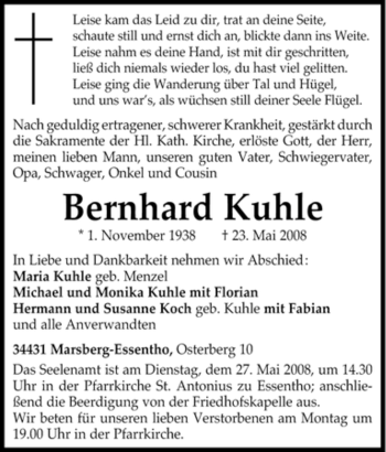 Traueranzeige von Bernhard Kuhle von Tageszeitung