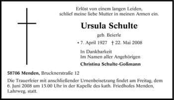 Traueranzeige von Ursula Schulte von Tageszeitung