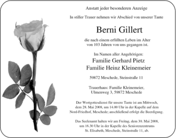 Traueranzeige von Berni Gillert von Tageszeitung