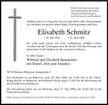 Traueranzeige von Elisabeth Schmitz von Tageszeitung