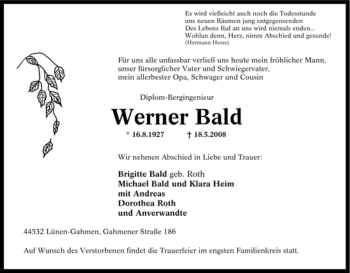 Traueranzeige von Werner Bald von Tageszeitung