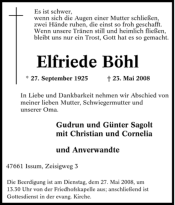 Traueranzeige von Elfriede Böhl von Tageszeitung
