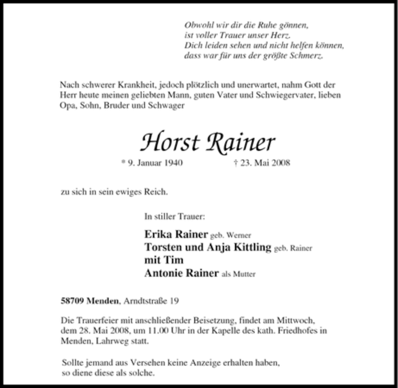 Traueranzeige für Horst Rainer vom 26.05.2008 aus Tageszeitung