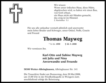 Traueranzeige von Thomas Mayweg von Tageszeitung