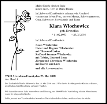 Traueranzeige von Klara Wlochowicz von Tageszeitung