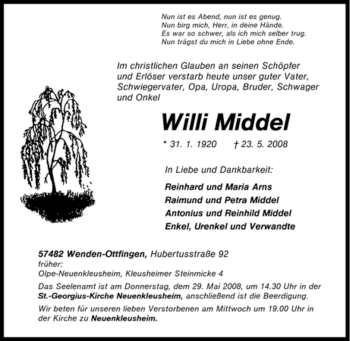 Traueranzeige von Willi Middel von Tageszeitung