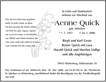 Traueranzeige von Aenne Quick von Tageszeitung