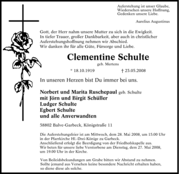 Traueranzeige von Clementine Schulte von Tageszeitung