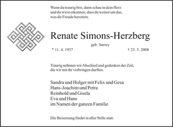 Traueranzeige von Renate Simons-Herzberg von Tageszeitung