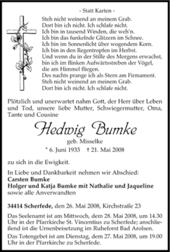 Traueranzeige von Hedwig Bumke von Tageszeitung