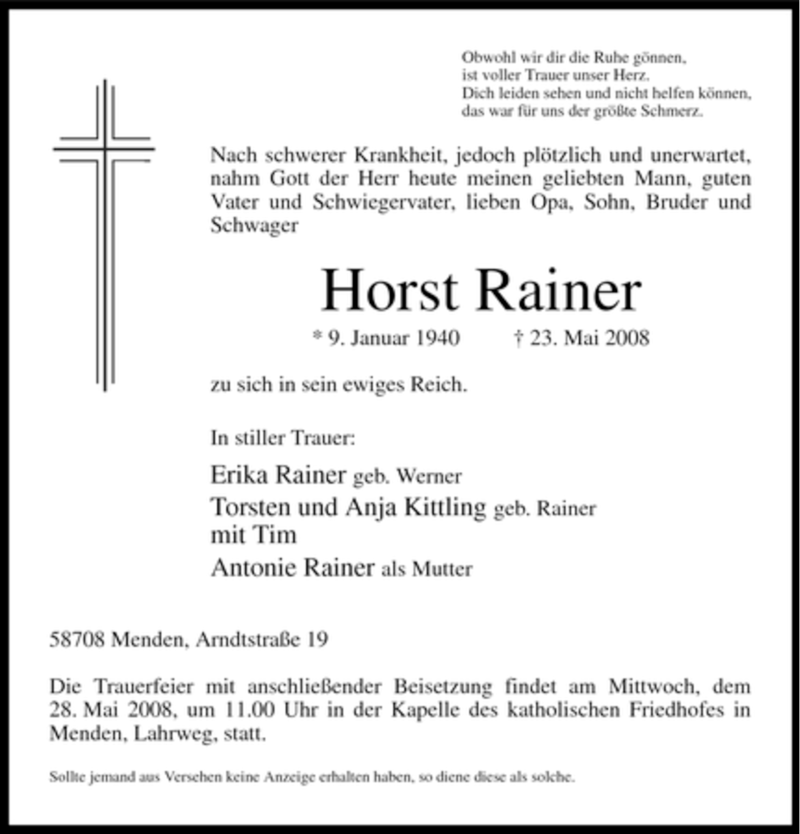  Traueranzeige für Horst Rainer vom 26.05.2008 aus Tageszeitung