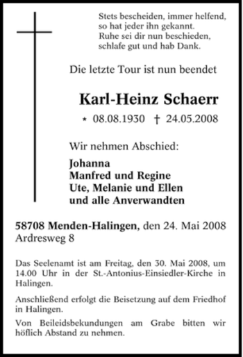 Traueranzeige von Karl-Heinz Schaerr von Tageszeitung