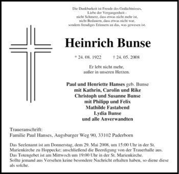 Traueranzeige von Heinrich Bunse von Tageszeitung