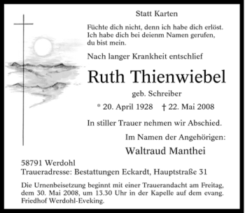 Traueranzeige von Ruth Thienwiebel von Tageszeitung