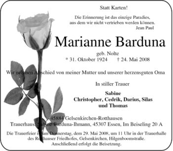 Traueranzeige von Marianne Barduna von Tageszeitung