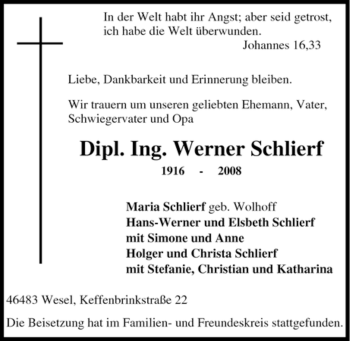 Traueranzeige von Werner Schlierf von Tageszeitung