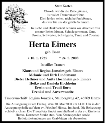 Traueranzeige von Herta Eimers von Tageszeitung